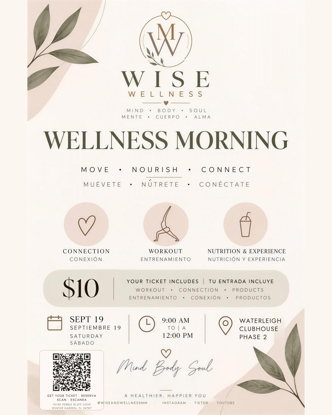 Wellness Morning flyer: Move · Nourish · Connect. Connection, workout, nutrition & experience. $10.